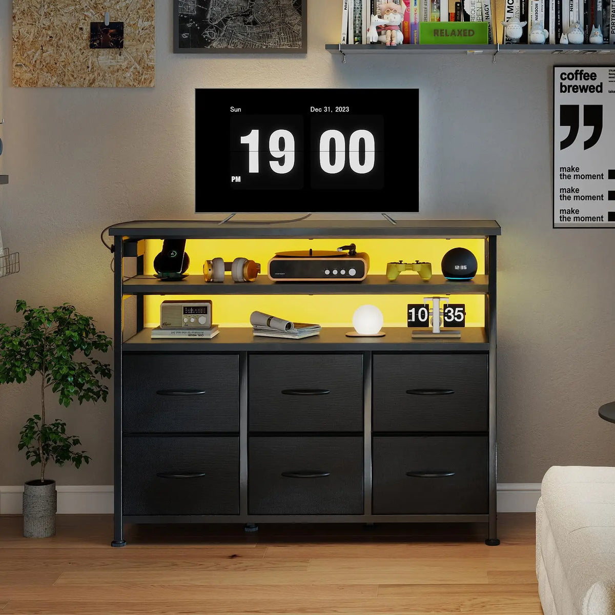 TV Stand Dresser for Living Room with 6 Fabric Drawers Storage up to 45 Inch TV Wood Top TV Media Console Table Cabinet