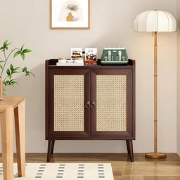 Sideboard Buffet Cabinet with Storage, Mid Century Modern Bar Liquor Cabinet with Rattan Doors for Dining Room