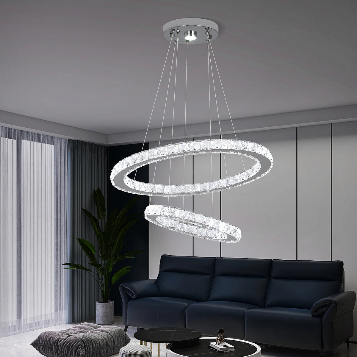 Modern Led Pendant Light Luxury Crystal Rings Dimmable Chandelier Hanging Lustre Ceiling Lamp Living Dining Room Decor Fixture