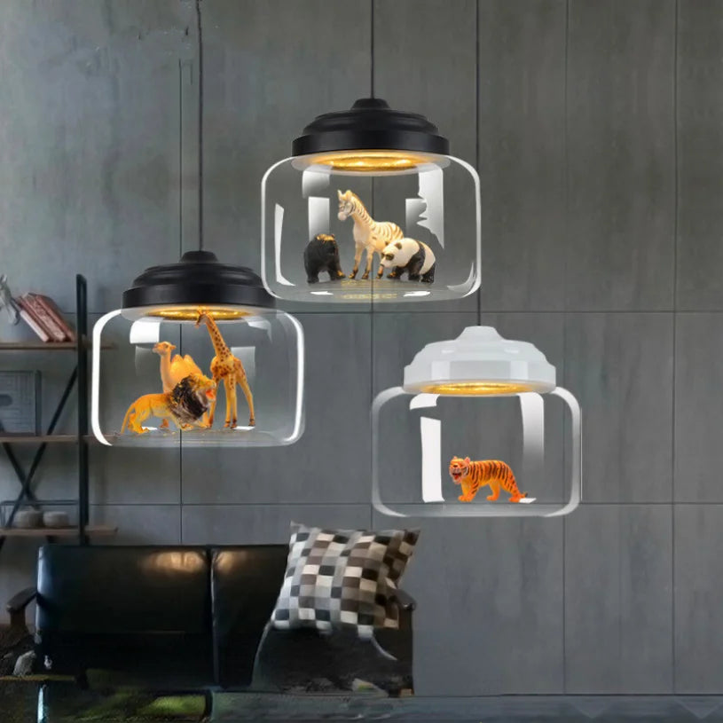 Animals Glass Pendant Light Children Kids Bedroom Bedside Hanging Lamp Cartoon Led Ceiling Chandeliers School Shop Decoration