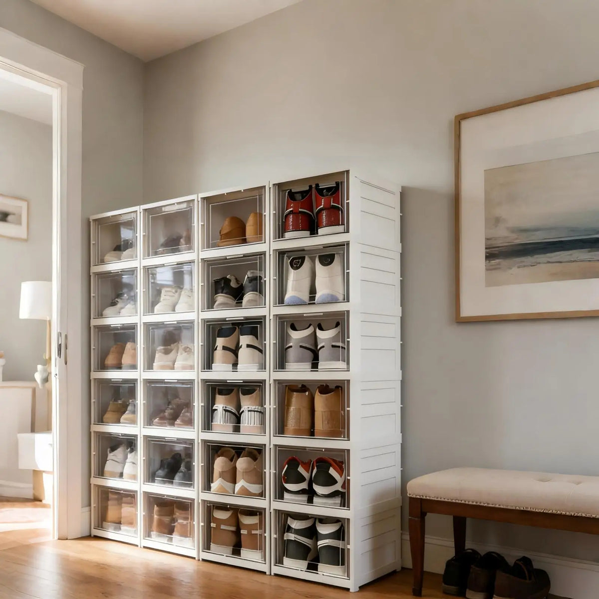 3/6 Tier Foldable Shoe Box, No Assembly Required Clear Stackable Shoe Cabinet Sneaker Storage Organizer Rack for Closet Entryway