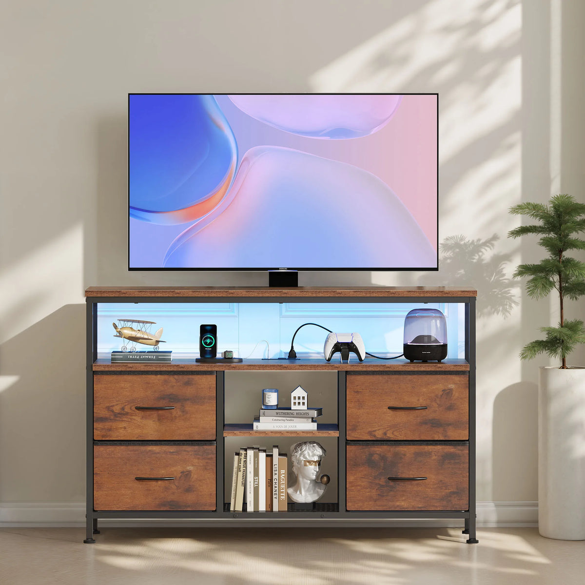 4 Drawers TV Stand Dresser for Bedroom Entertainment Center with LED Lights and Power Outlets Media Console for 50 Inch TV