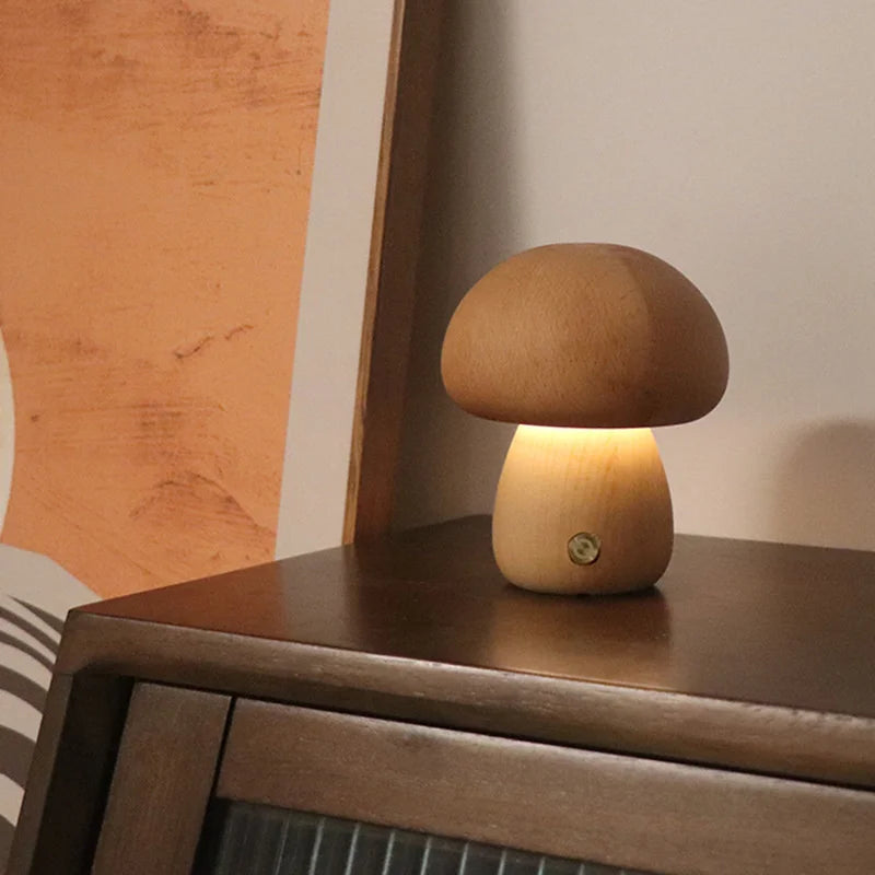 Wooden Mushroom Touch Night Light