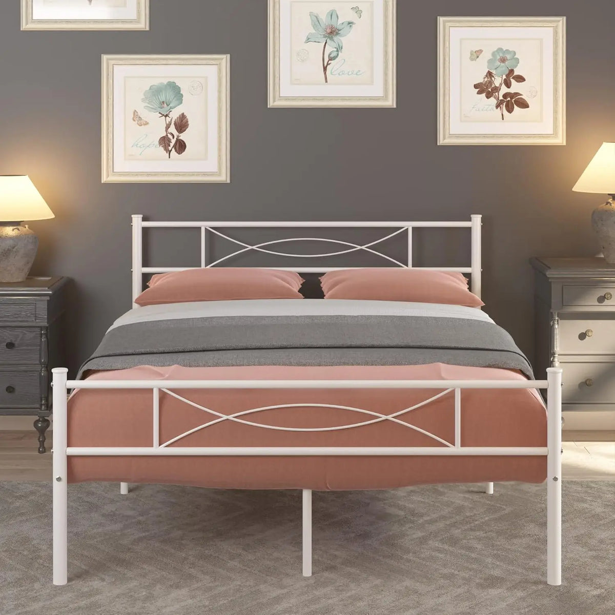 Full Bed Frame with Headboard Full Size Metal Platform Bed with under Bed Storage, Box Spring Needed