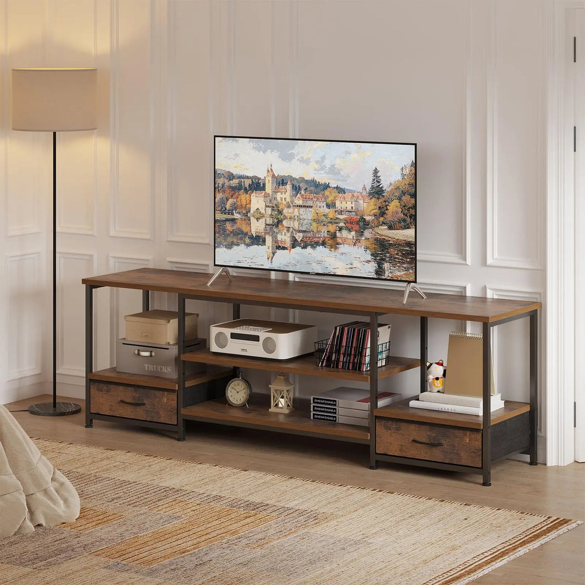 63IN Wooden Tv Stand for up to 75 Inch TV Entertainment Center for Living Room Media Console Adjustable Shelf 2 Storage