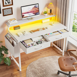 37.8"H RGB LED Study Writing Table Monitor Stand Computer Desk with 2 Fabric Drawers Small Desk Anti-Tip Design for Home Office