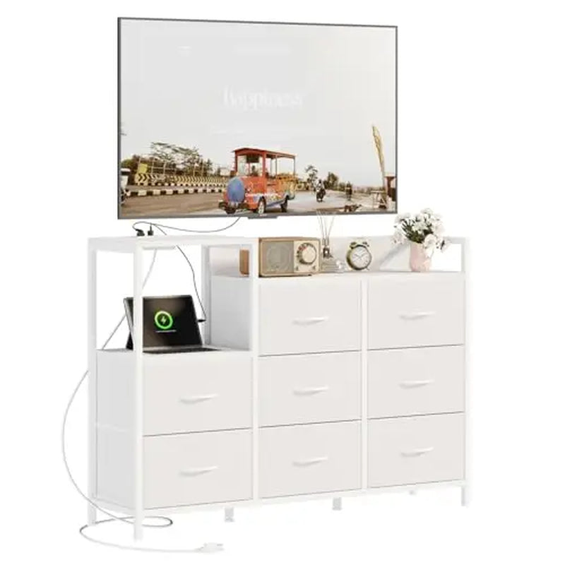 Cabinet with 8 Fabric Drawers TV Stand Metal Frame with Charging Station Entertainment Center TV Storage Display Furniture