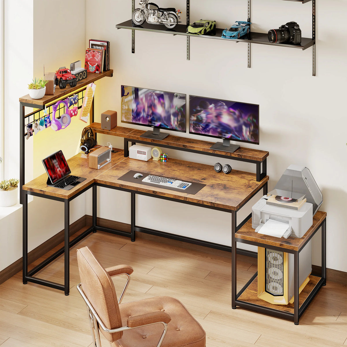 55.6 Inch Reversible L Shaped Gaming Desk RGB LED Corner Computer Desk with Power Outlet Monitor Stand Storage Shelf Home Office Study Desk for Teen Bedroom