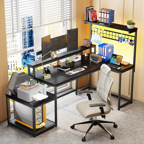 55.6 Inch Reversible L Shaped Gaming Desk RGB LED Corner Computer Desk with Power Outlet Monitor Stand Storage Shelf Home Office Study Desk for Teen Bedroom