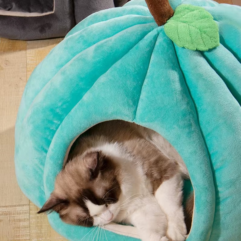 3D Pumpkin Pet House Semi-Enclosed Removable Bottom Non-Slip Soft PP Cotton Winter Cat House Tent for Pet Mat Washable Cave