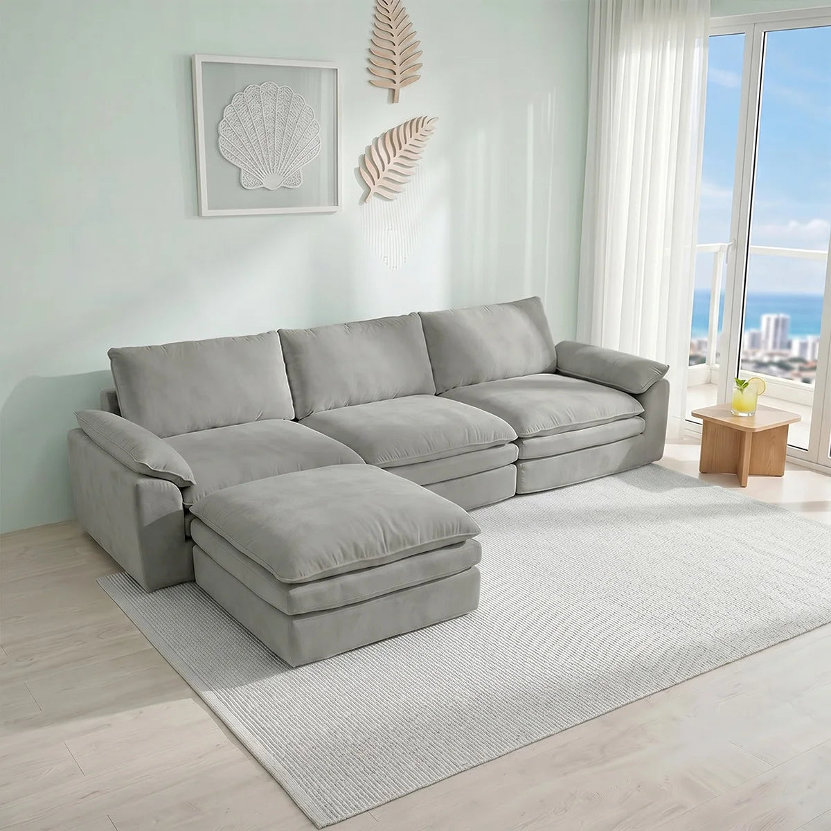 Summer Fresh Cream Style Modular Block Sofa, No Assembly Required, Deep Seat Cloud Sofa for Family Theater Room, Breathable Skin-Friendly Fabric Chaise Lounge, Detachable Washable Lazy Cloud Couch for Large Living Room, Multi-Functional Furniture for Apar