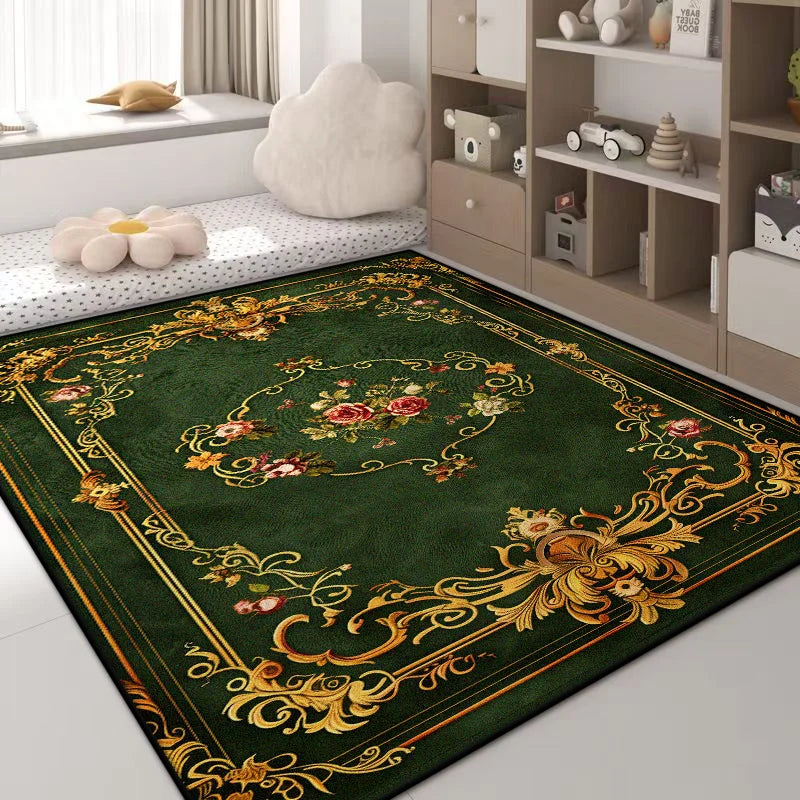 Luxury Green Flower Area Rug – Non-Slip Large Living Room Carpet, Golden Border Washable Soft Mat for Bedroom Home Decor