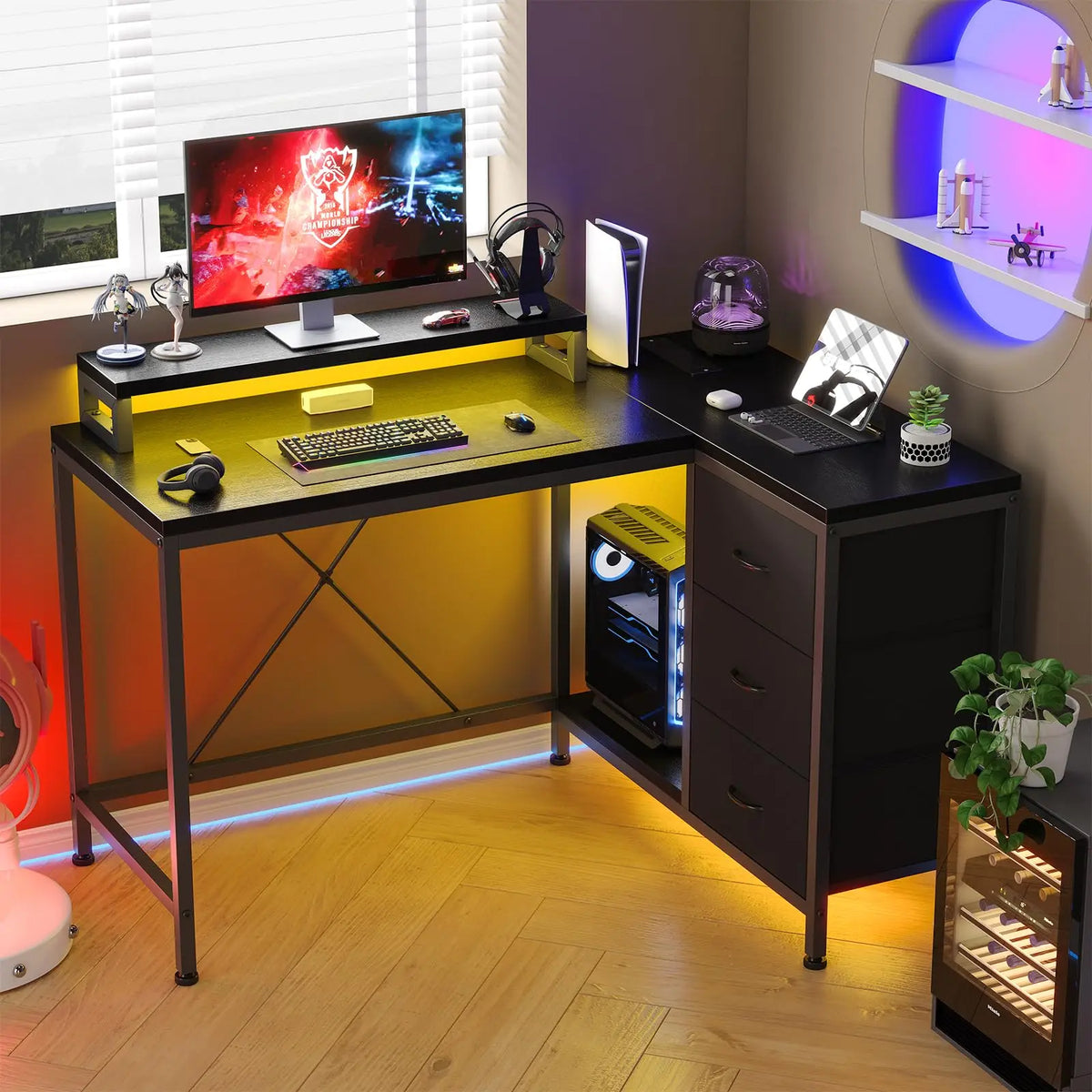 L-Shaped Gaming Desk with Power Outlets, Corner Desk with Drawers, Shelves & LED Lights, Computer Desk for Home & Office