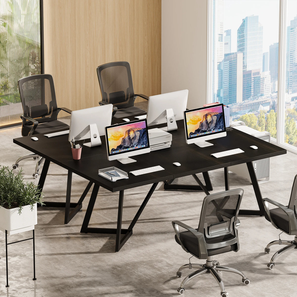180Cm Large Executive Desk, Modern Black Office Desk with Metal Frame, Study Writing Table