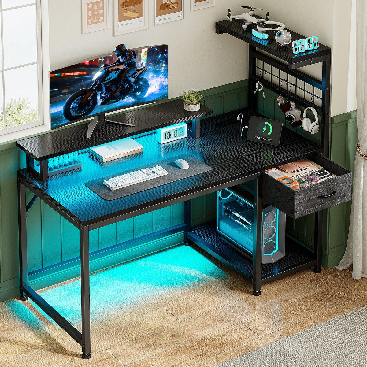40"Gaming Computer Desk with Power Outlets RGB LED Lights Office Desk with Drawer Storage Shelves Monitor Stand for Small Space