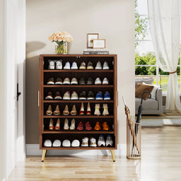 6-Tier Shoe Cabinet with Doors, Walnut Wooden Shoe Storage Cabinet with Adjustable Shelves for Entryway