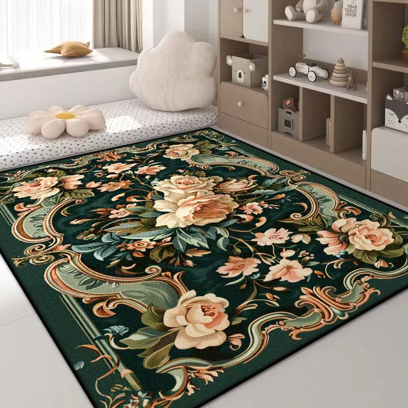 Luxury Green Flower Area Rug – Non-Slip Large Living Room Carpet, Golden Border Washable Soft Mat for Bedroom Home Decor