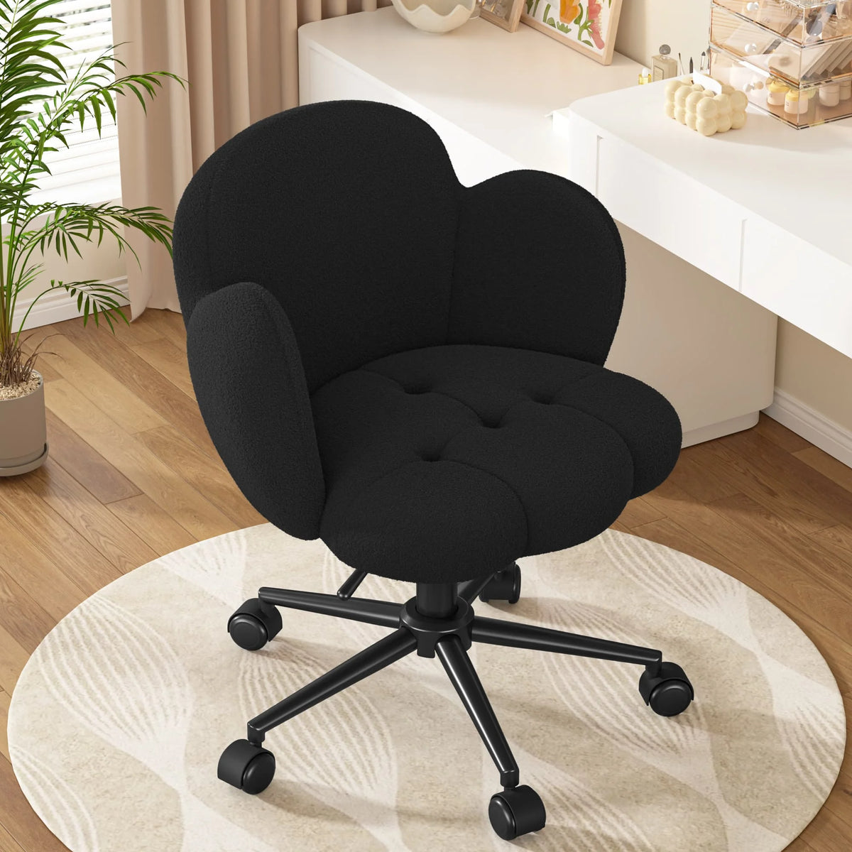 Petal Vanity Chair with Wheels, Height Adjustable Upholstered Home Office Chair, Computer Task Chair for Study Makeup Relaxation