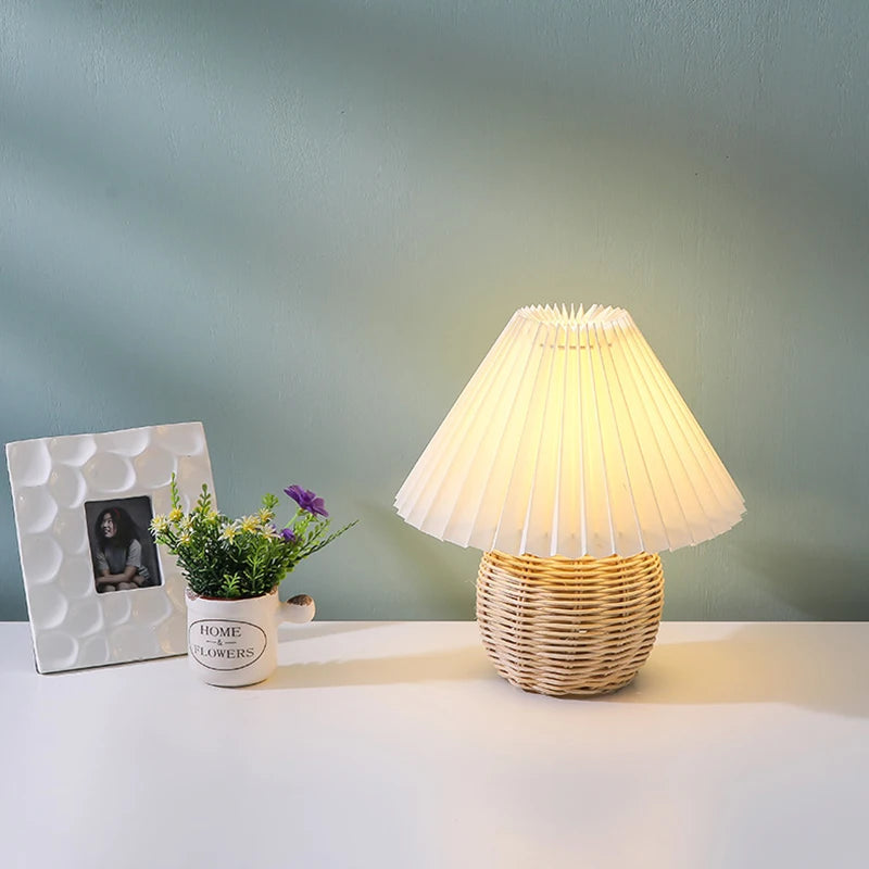 Pleated Rattan Base Table Lamp