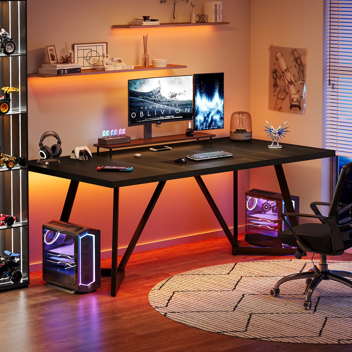 180Cm Large Executive Desk, Modern Black Office Desk with Metal Frame, Study Writing Table