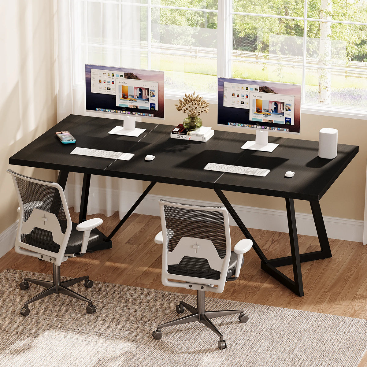 180Cm Large Executive Desk, Modern Black Office Desk with Metal Frame, Study Writing Table