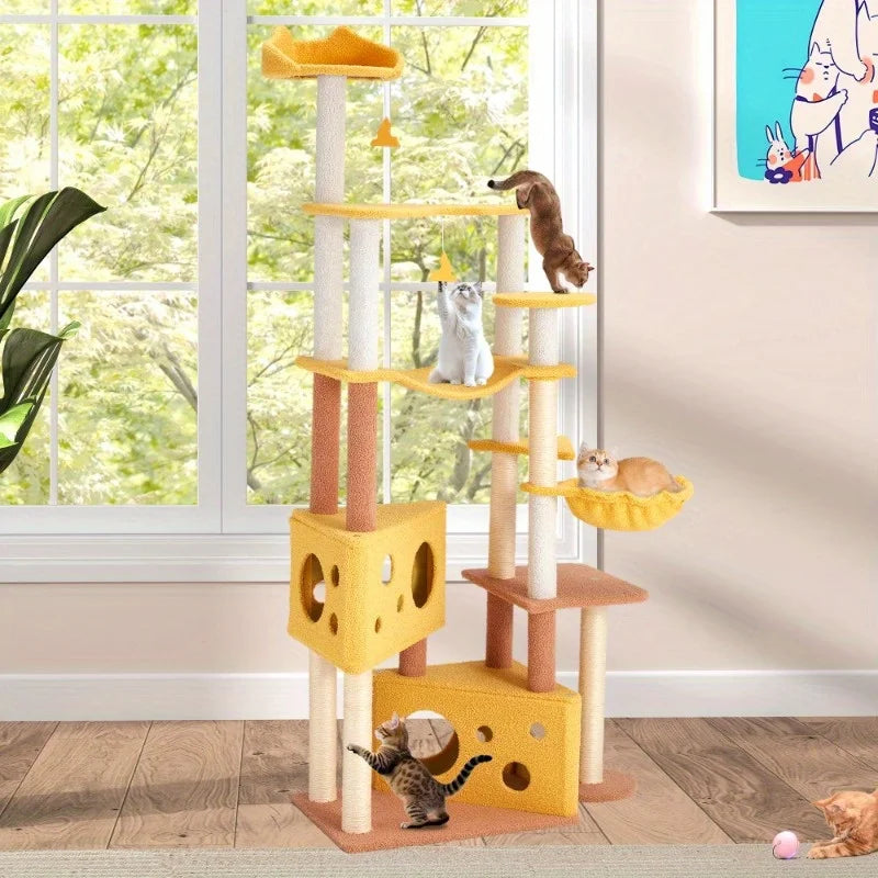 EROMMY 72'' Cheese Cat Tree Tower for Small & Medium Cats – Indoor Cat House with Perch, Hammock & Scratching Post, Yellow