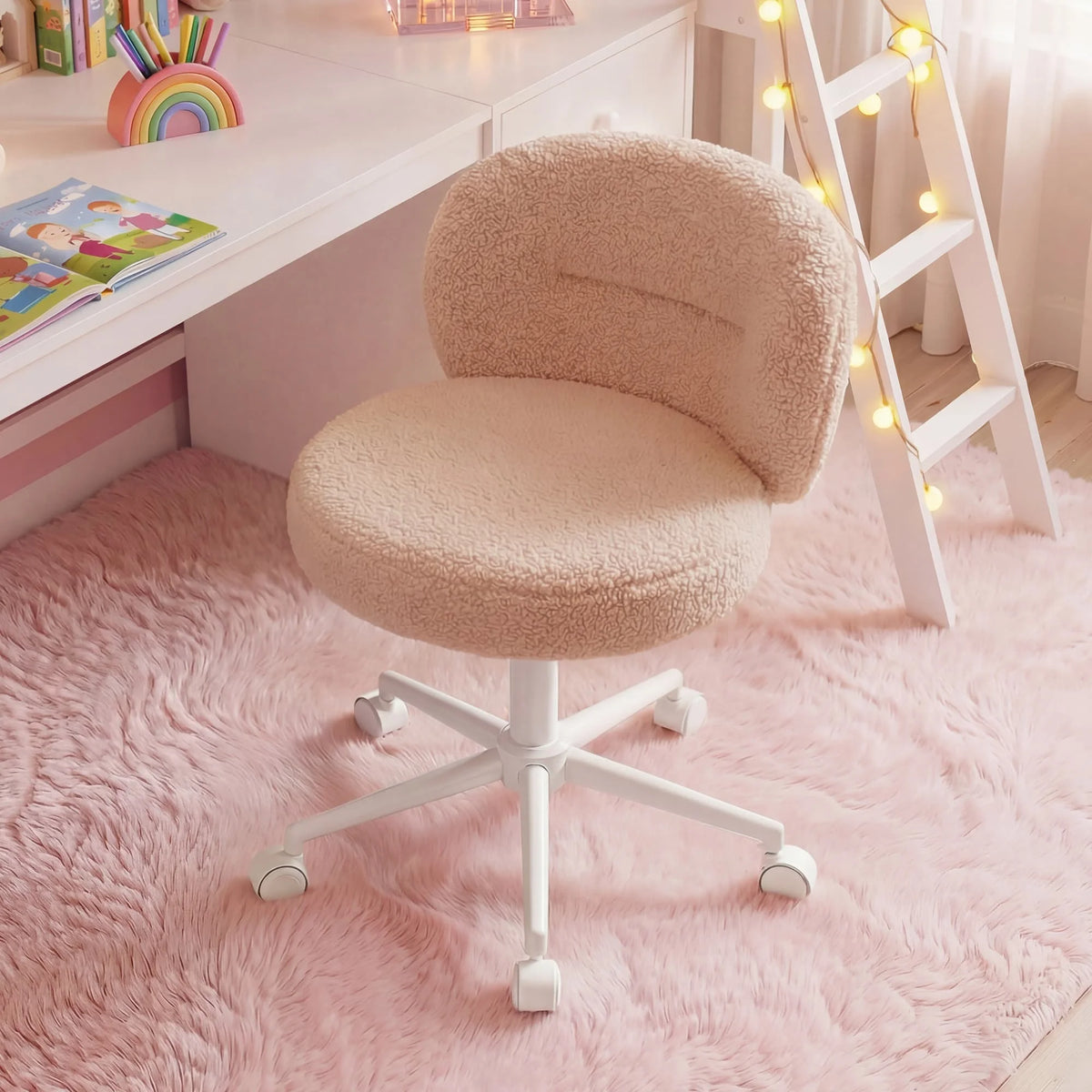 round Armless Vanity Chair with Wheels, Height Adjustable 360° Swivel Desk Chair, Soft Plush Ergonomic Chair for Bedroom Home Study