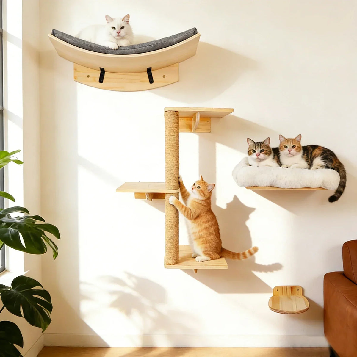 Cat Wall Shelves Climbing Systems Large Cat Furniture Shelf Set Wall Hanging Mounted Hammock Sisal Scratching Perch Bed Ladder