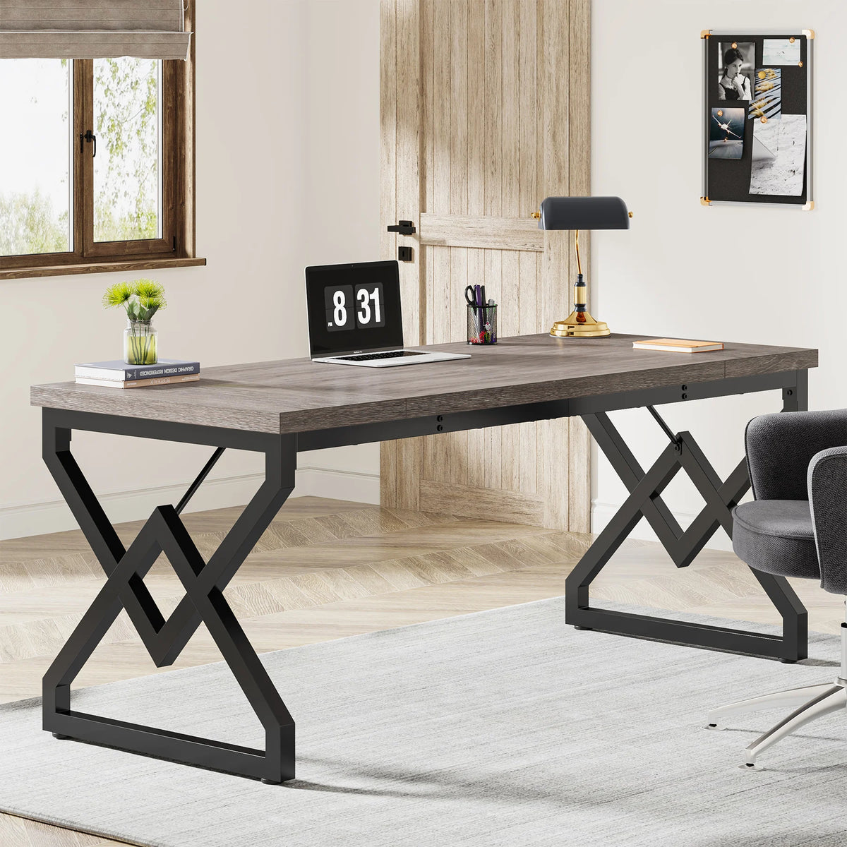 63" Large Industrial Executive Desk with Extra Thickened Tabletop & Metal Frame, Heavy-Duty Home Office Desk
