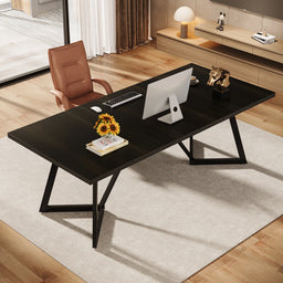 180Cm Large Executive Desk, Modern Black Office Desk with Metal Frame, Study Writing Table