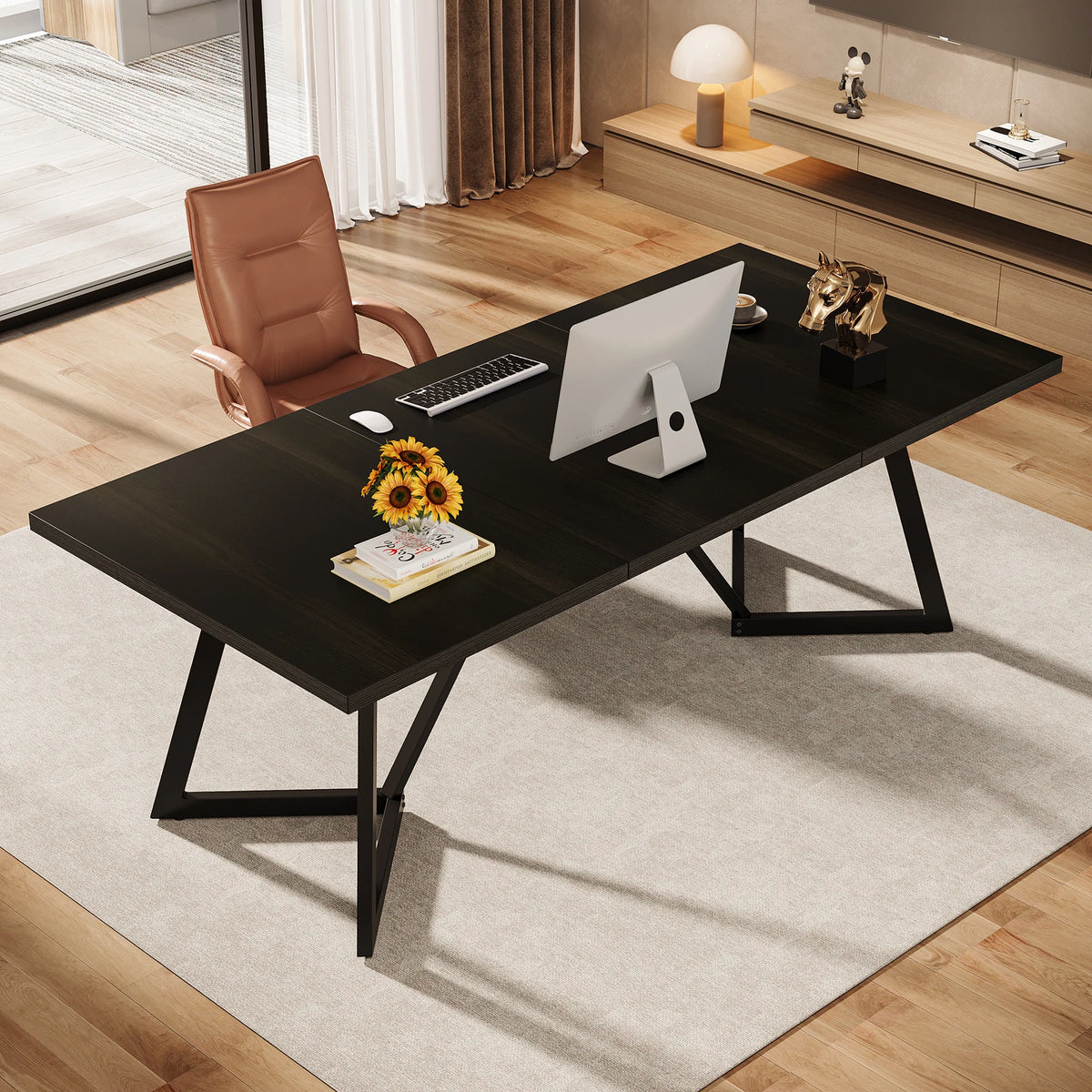 180Cm Large Executive Desk, Modern Black Office Desk with Metal Frame, Study Writing Table