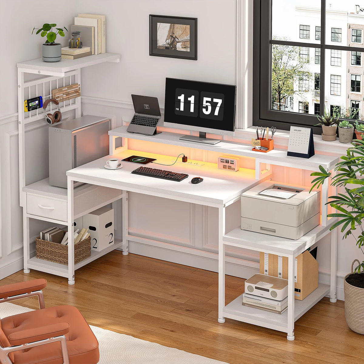 55“ LED Gaming Computer Desk with Power Outlets, Ergonomic Office Desk with Monitor Stand, Drawers & 3 Storage Shelves, Metal Frame Study Desk with Hooks for Home Office Bedroom