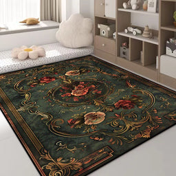 Luxury Green Flower Area Rug – Non-Slip Large Living Room Carpet, Golden Border Washable Soft Mat for Bedroom Home Decor
