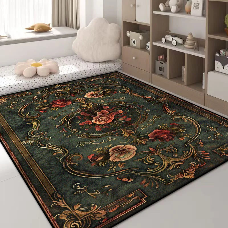 Luxury Green Flower Area Rug – Non-Slip Large Living Room Carpet, Golden Border Washable Soft Mat for Bedroom Home Decor