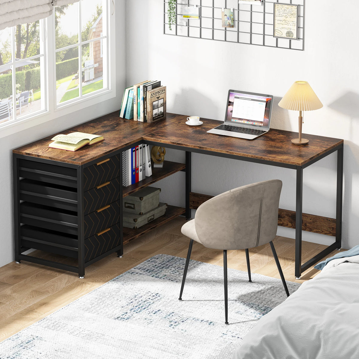 59-Inch Reversible L-Shaped Desk with Drawers