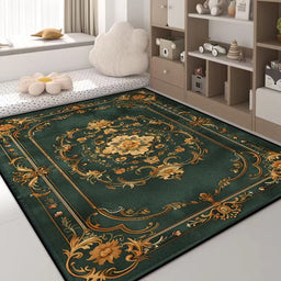 Luxury Green Flower Area Rug – Non-Slip Large Living Room Carpet, Golden Border Washable Soft Mat for Bedroom Home Decor