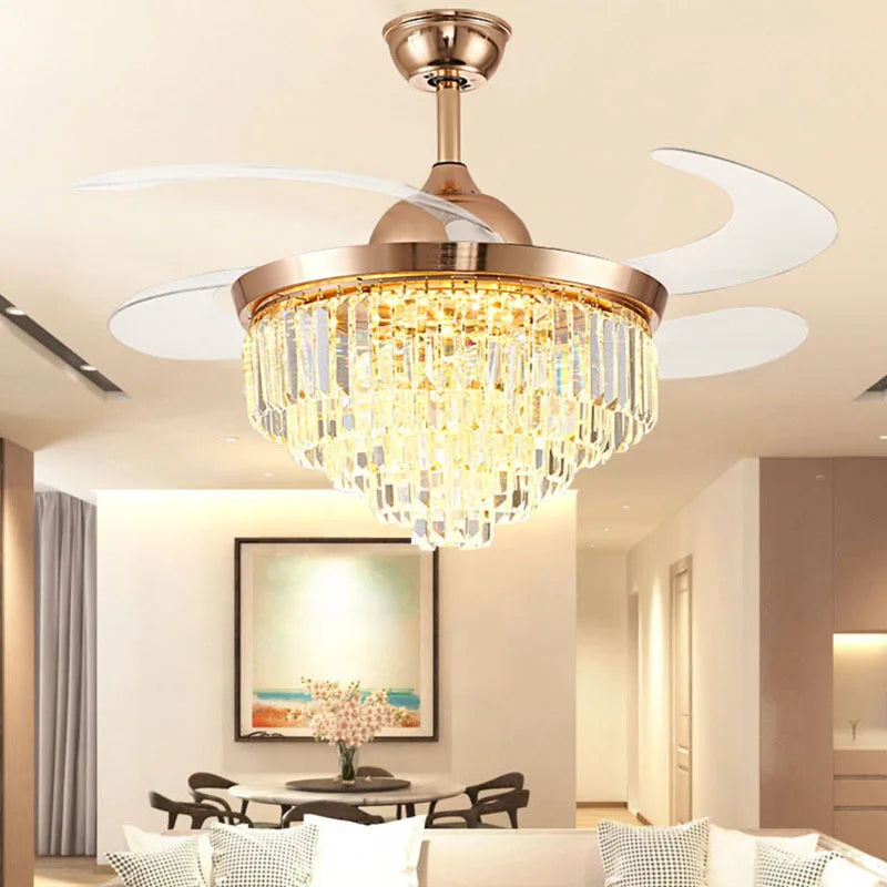 42 48 Inch Luxury Crystal Fandelier LED Ceiling Fan with Light Reversible Motor Quiet Remote Control Retractable Blades