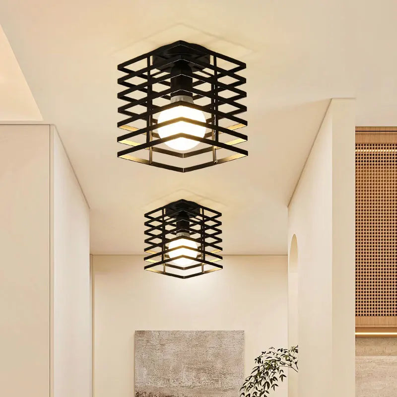 Vintage E27 Ceiling Lights Ceiling Lamps for Corridor Foyer Aisle Black Metal Indoor Cage Chandelier Lighting Fixures for Home