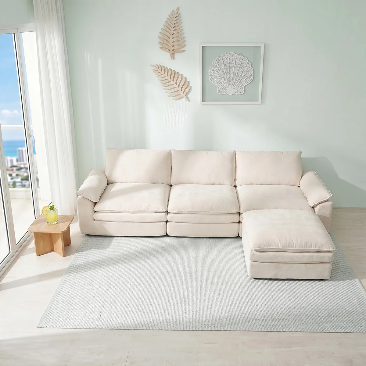 Summer Fresh Cream Style Modular Block Sofa, No Assembly Required, Deep Seat Cloud Sofa for Family Theater Room, Breathable Skin-Friendly Fabric Chaise Lounge, Detachable Washable Lazy Cloud Couch for Large Living Room, Multi-Functional Furniture for Apar