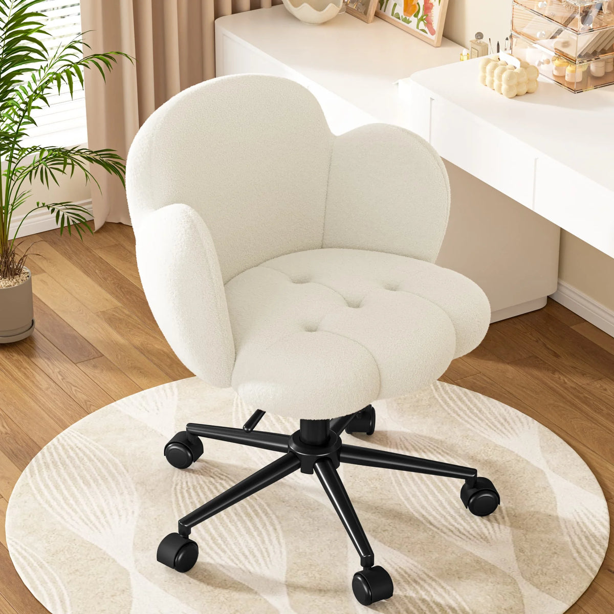 Petal Vanity Chair with Wheels, Height Adjustable Upholstered Home Office Chair, Computer Task Chair for Study Makeup Relaxation