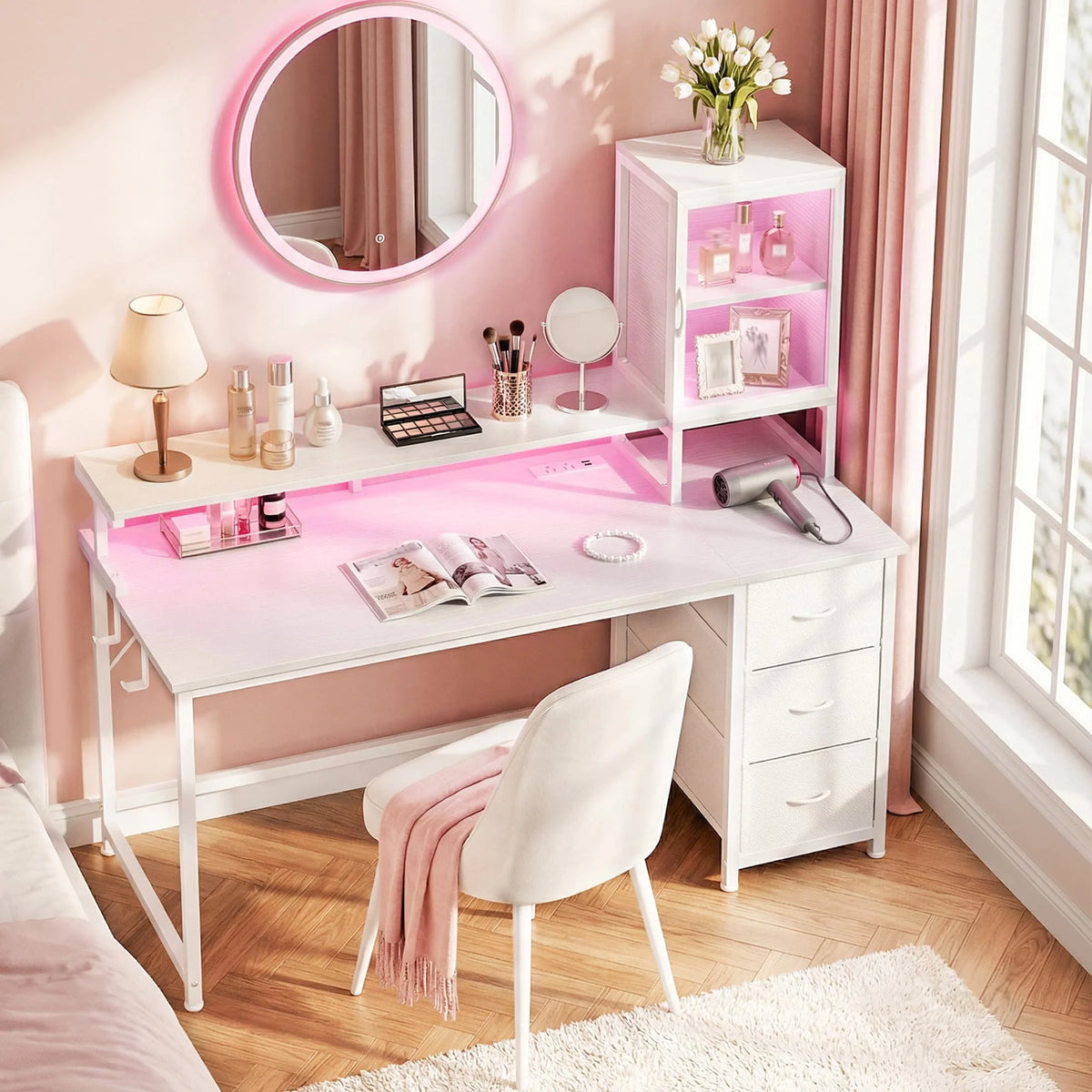 Multifunctional Modern Desk Table Gaming Desk Computer Desk Home Office Desk Vanity Table with Storage & Power Outlet