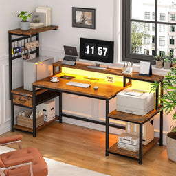55“ LED Gaming Computer Desk with Power Outlets, Ergonomic Office Desk with Monitor Stand, Drawers & 3 Storage Shelves, Metal Frame Study Desk with Hooks for Home Office Bedroom