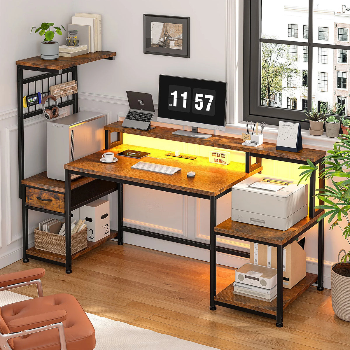55“ LED Gaming Computer Desk with Power Outlets, Ergonomic Office Desk with Monitor Stand, Drawers & 3 Storage Shelves, Metal Frame Study Desk with Hooks for Home Office Bedroom
