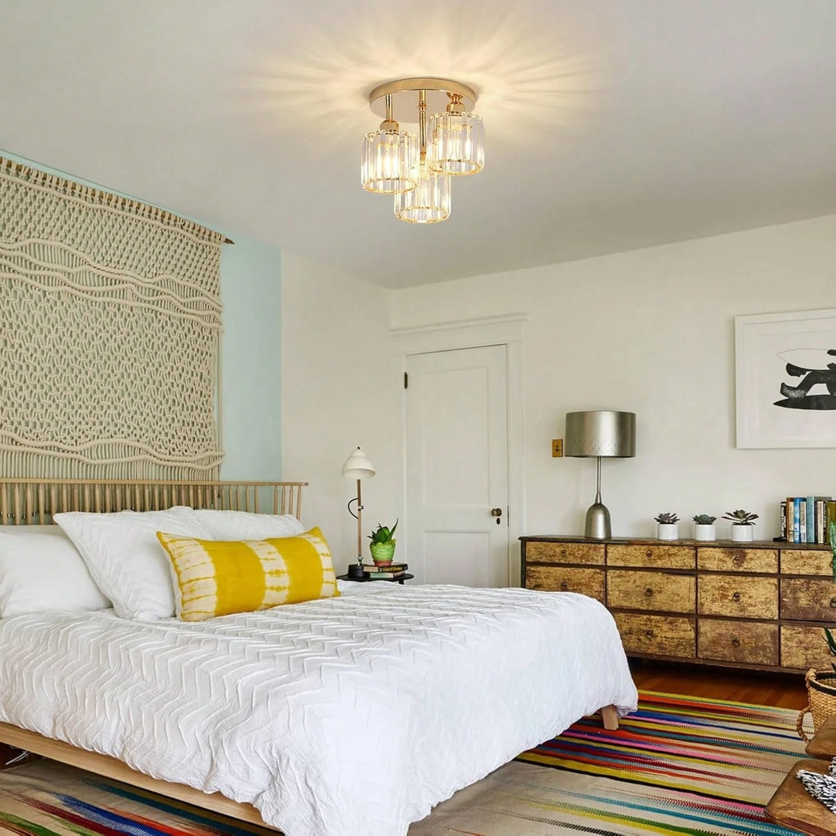 3-Light gold crystal semi-flush mount ceiling light in a bedroom