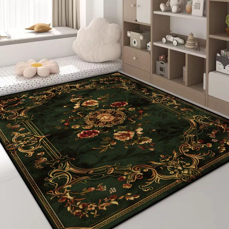 Luxury Green Flower Area Rug – Non-Slip Large Living Room Carpet, Golden Border Washable Soft Mat for Bedroom Home Decor