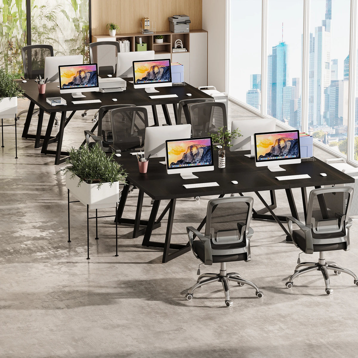 180Cm Large Executive Desk, Modern Black Office Desk with Metal Frame, Study Writing Table