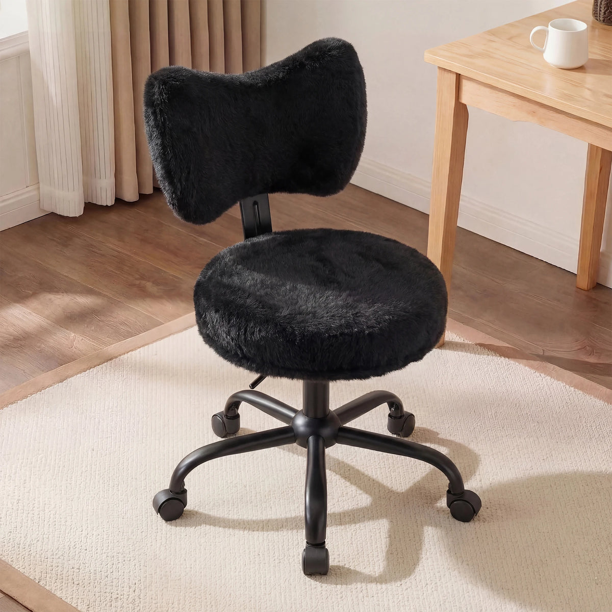 Cute Bow Back Vanity Chair with Wheels, Fluffy Faux Rabbit Fur Desk Chair, Height Adjustable Ergonomic Computer Chair, Portable Makeup Chair for Bedroom Dorm Home Office