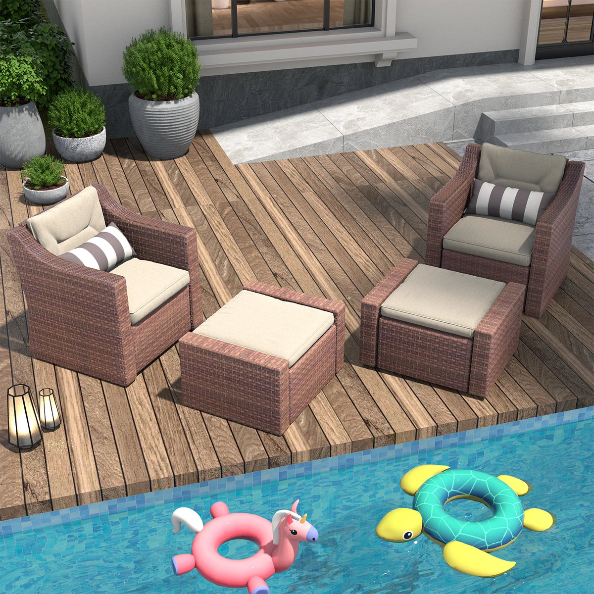 4-Piece Outdoor Patio Furniture Set, All-Weather Wicker Rattan Sectional Conversation Chairs with Cushions & 2 Ottomans, Weather Resistant for Backyard, Poolside, Porch – Patio Furniture Set, Outdoor Furniture, Patio Furniture