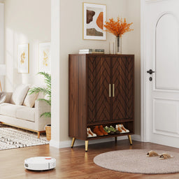 6-Tier Shoe Cabinet with Doors, Walnut Wooden Shoe Storage Cabinet with Adjustable Shelves for Entryway