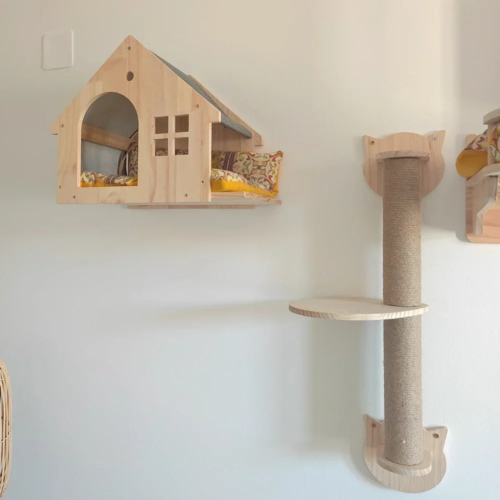 Wall-Mounted Cat Climbing Rope Wooden Cat Tree Hammock Step Ladder Natural Sisal Cat Scratching Post Indoor Wall Cat Furniture